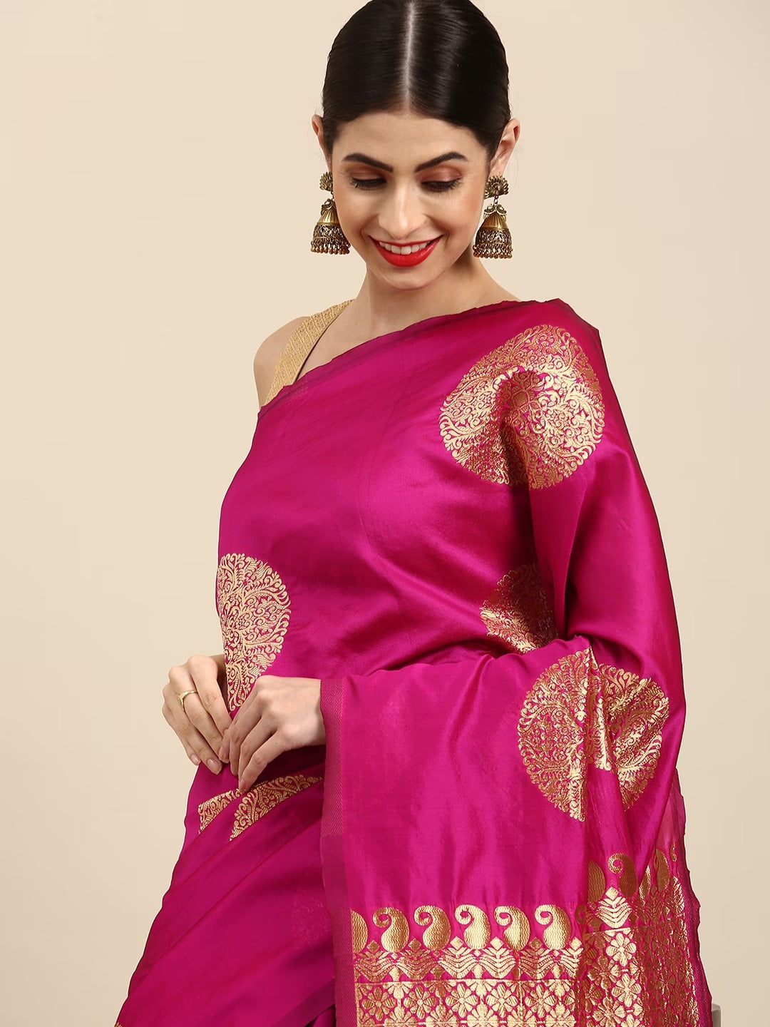 Rani Pink Soft Silk Saree with Traditional Zari Motifs for Women
