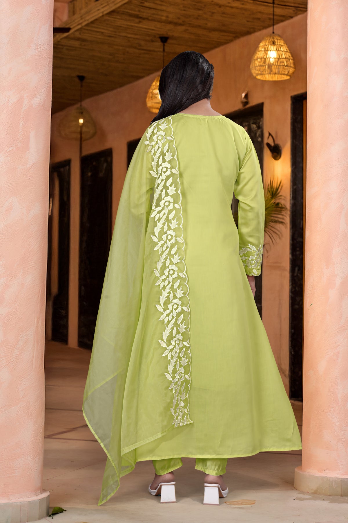 Pista Green Embroidered Chanderi Kurta Dupatta Set for Women