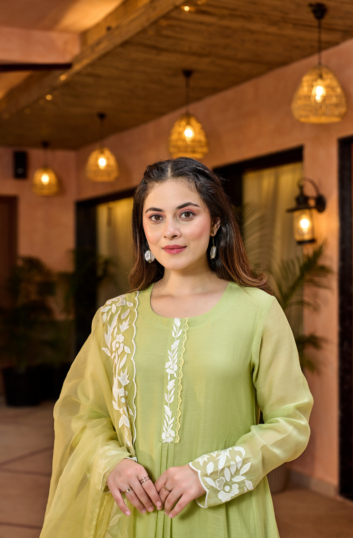 Pista Green Embroidered Chanderi Kurta Dupatta Set for Women