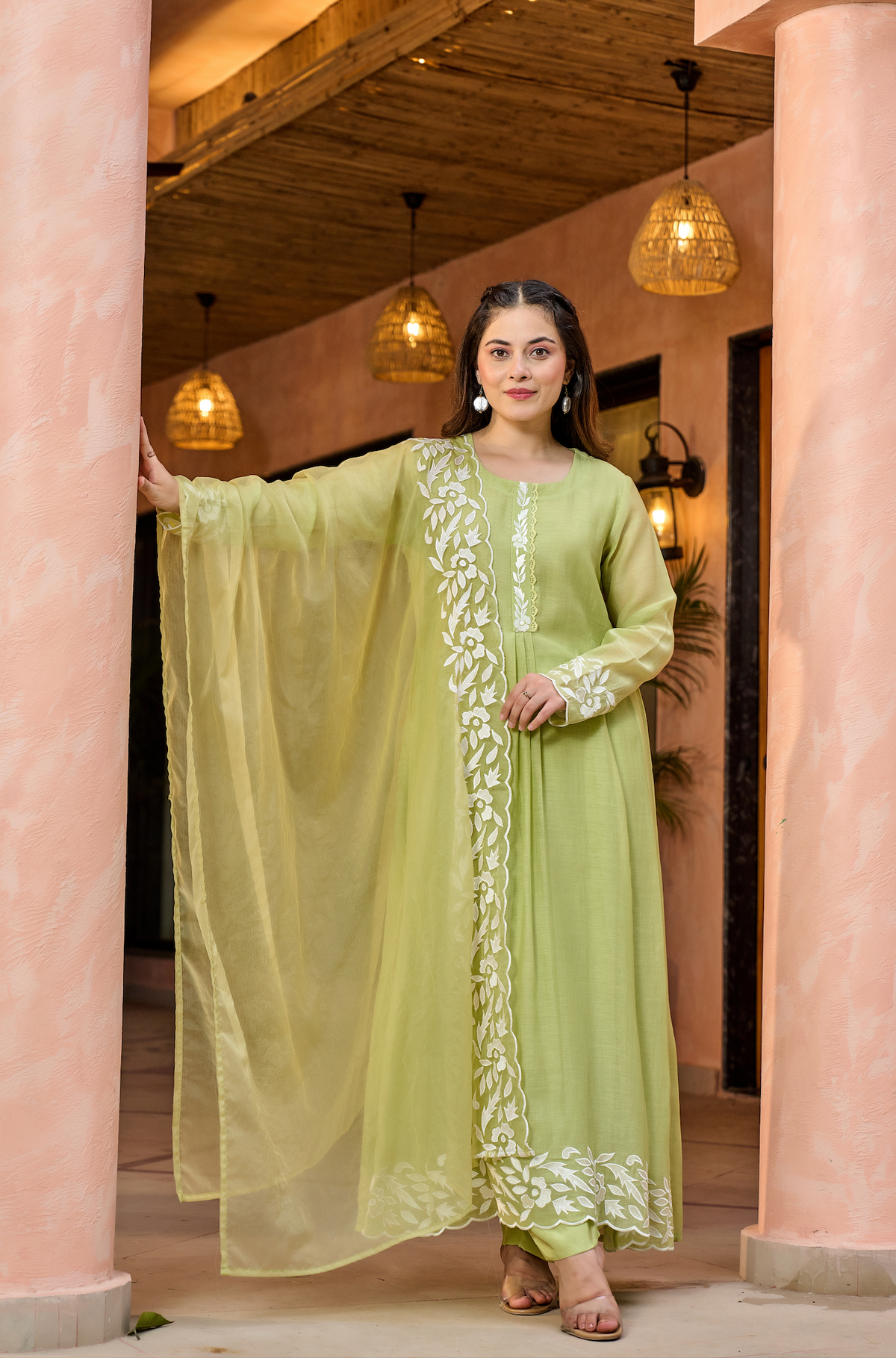 Pista Green Embroidered Chanderi Kurta Dupatta Set for Women
