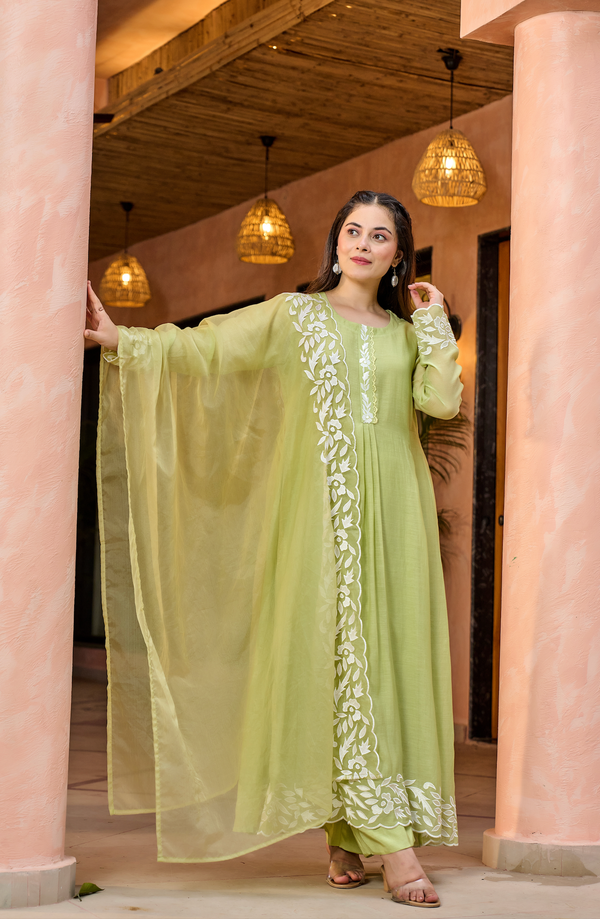 Pista Green Embroidered Chanderi Kurta Dupatta Set for Women
