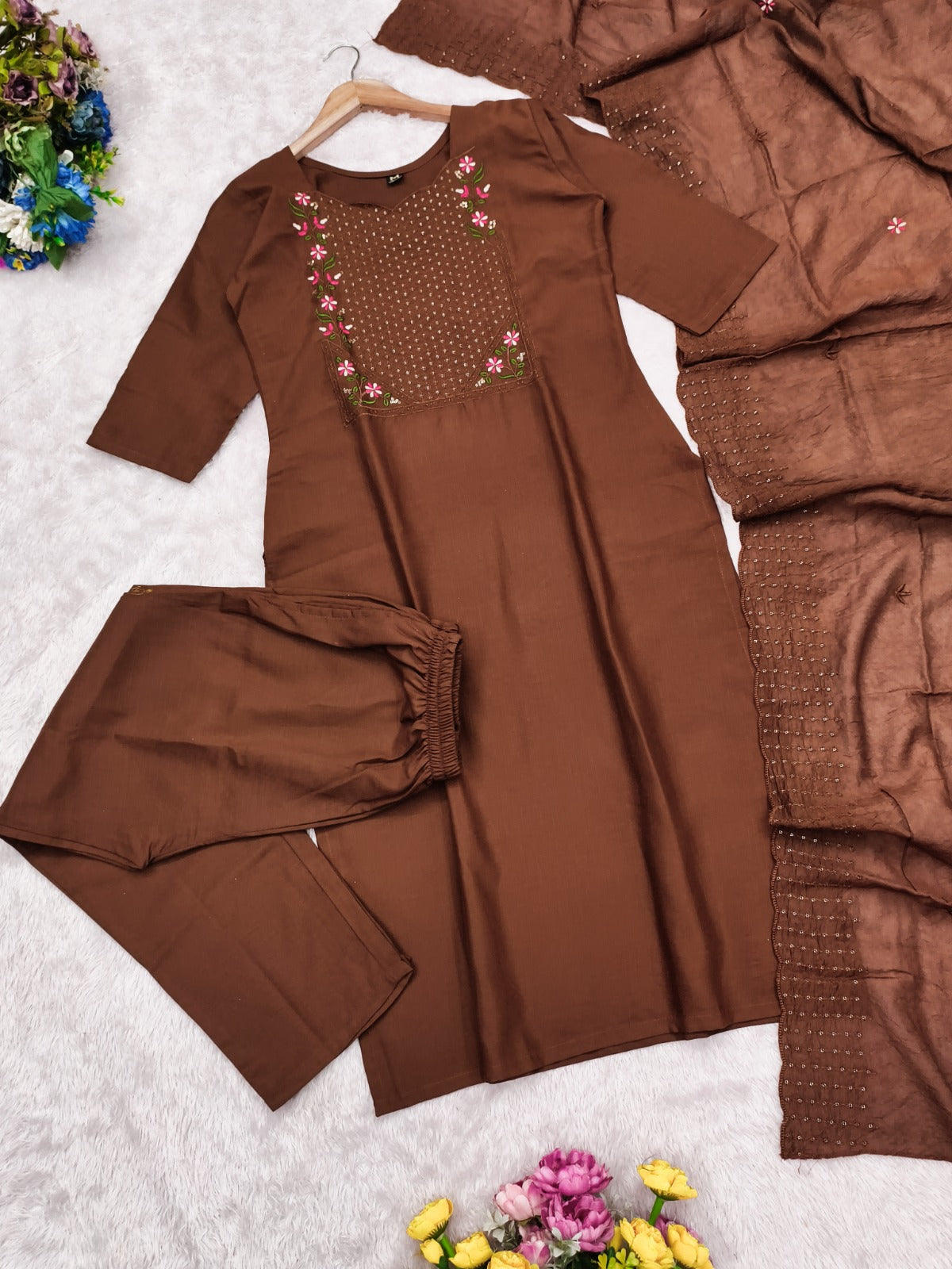 Premium Brown Cotton Kurta Set with Chanderi Dupatta for Women