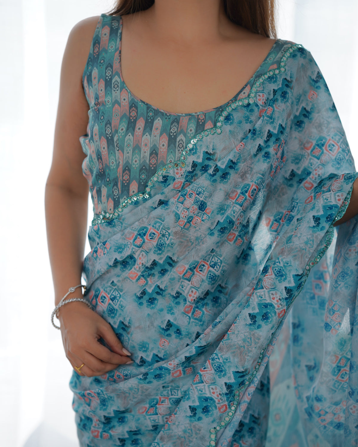 Premium Chinon Saree with Mirror Lace Border for Women