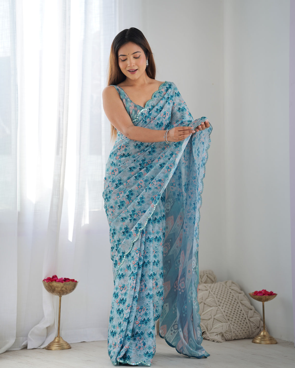 Premium Chinon Saree with Mirror Lace Border for Women