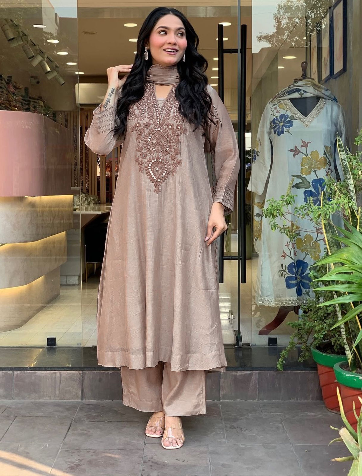 Premium Coffee Brown Roman Silk Kurta Set for Women