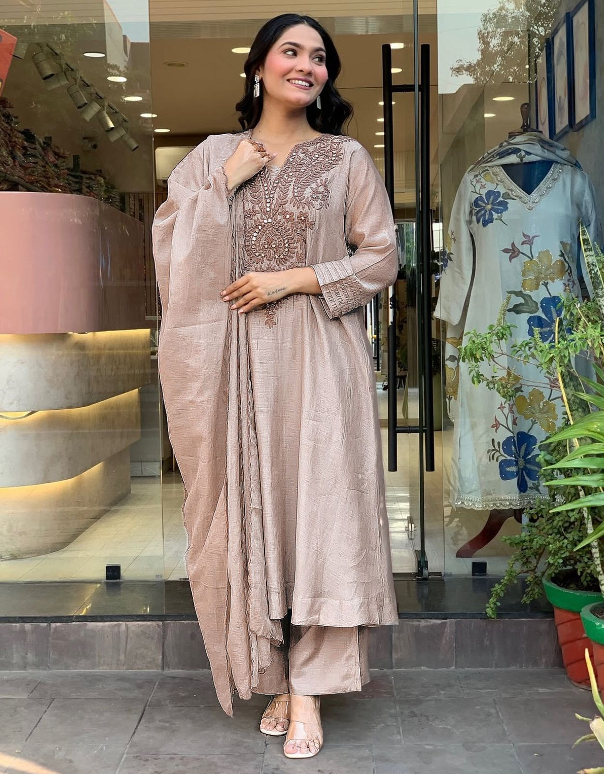 Premium Coffee Brown Roman Silk Kurta Set for Women