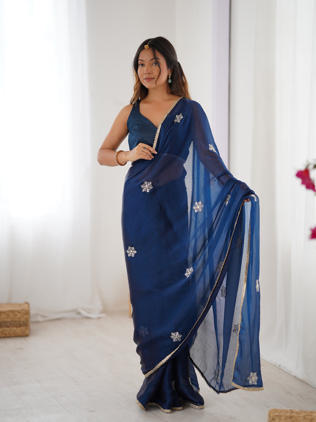 Premium Navy Blue Fancy Saree with Blouse for Women
