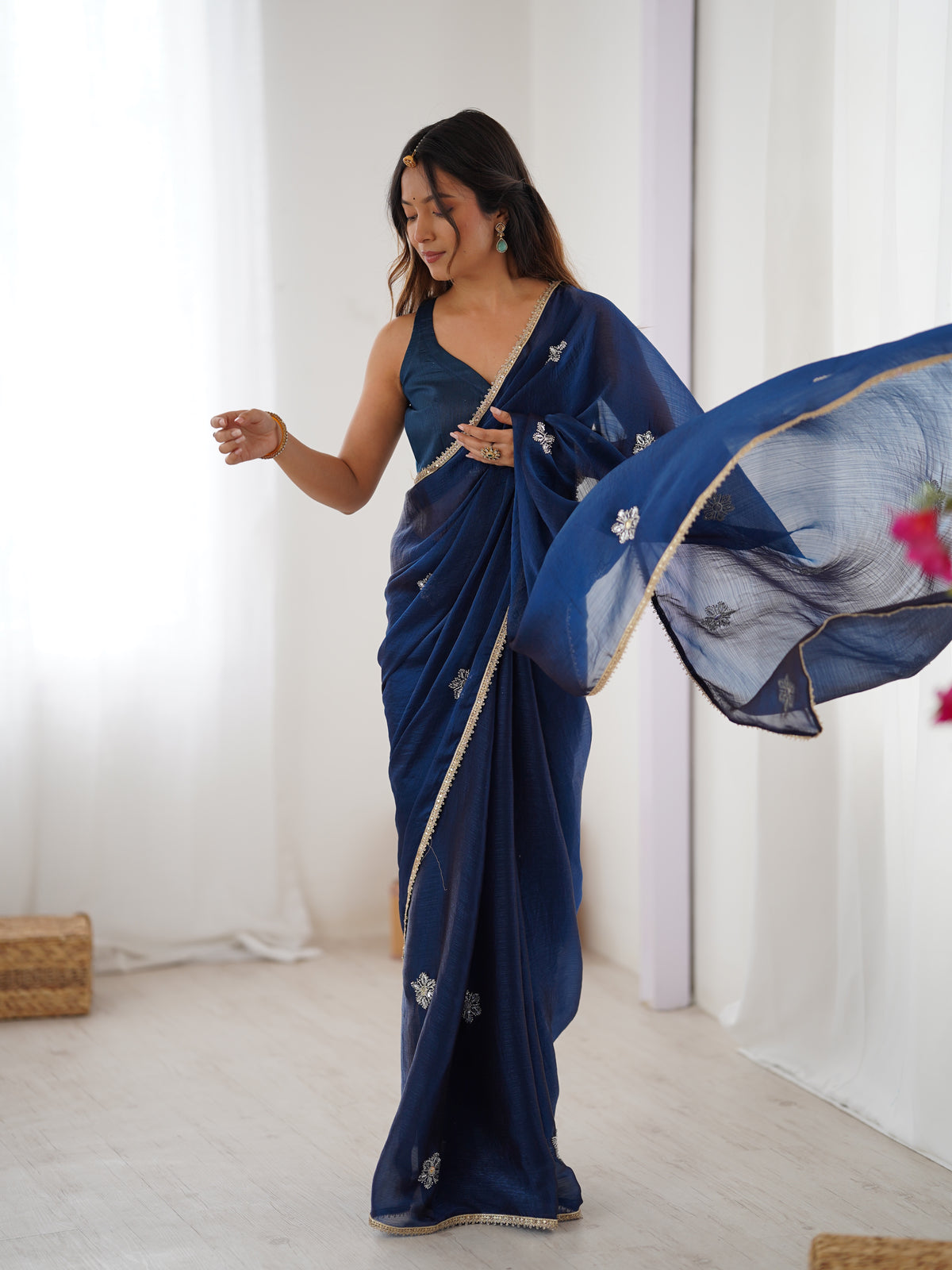 Premium Navy Blue Fancy Saree with Blouse for Women