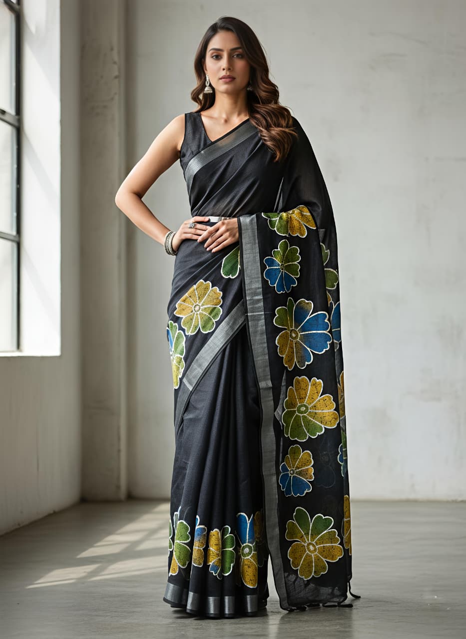 Premium Floral Print Heavy Linen Saree with Silver Border and Matching