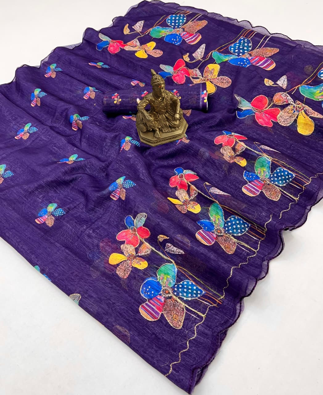 Premium Purple Aari Work Linen Saree with Blouse for Women