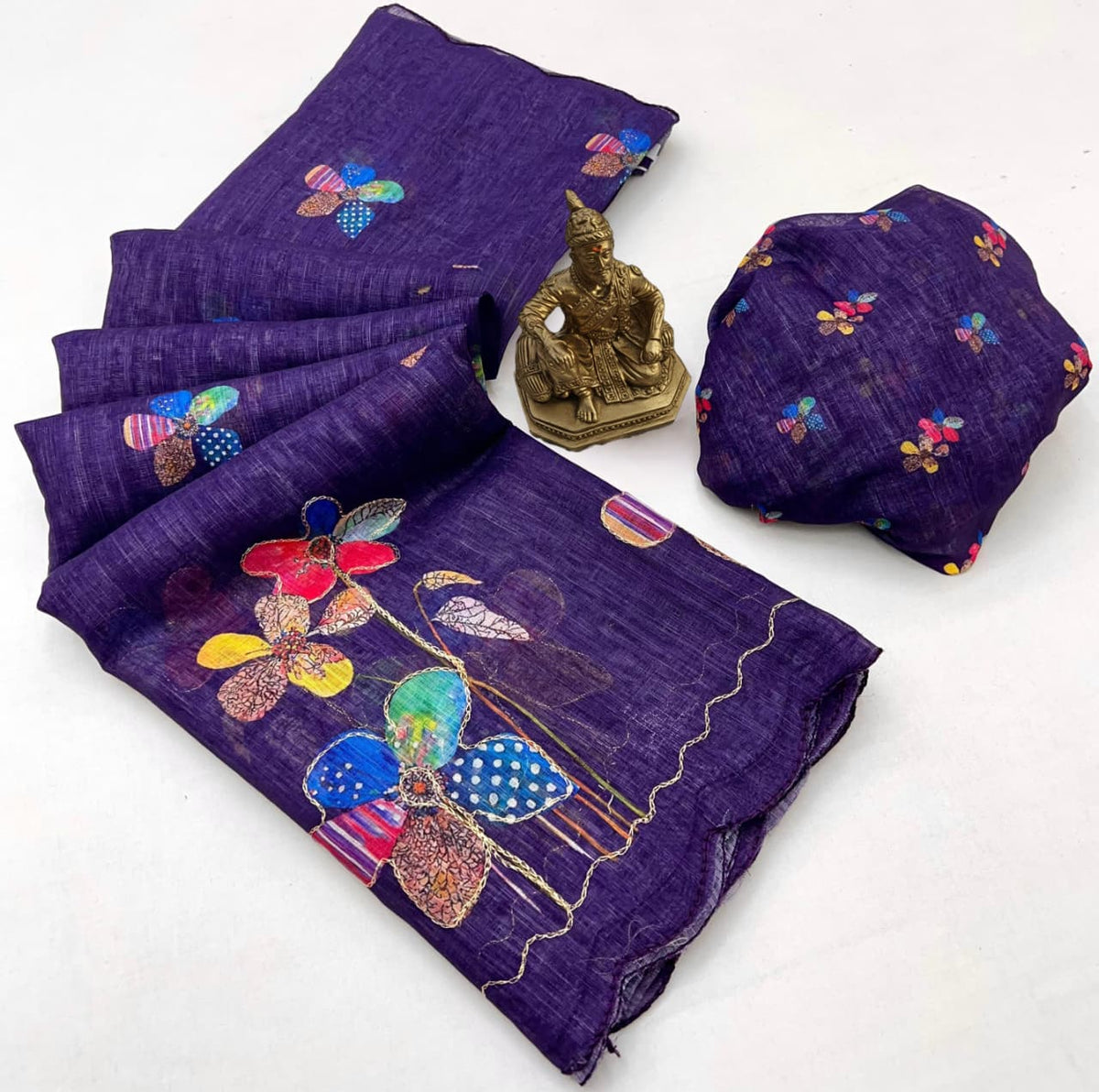 Premium Purple Aari Work Linen Saree with Blouse for Women