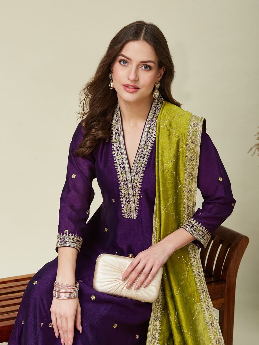 Premium Silk Purple Anarkali Kurti Set for Women