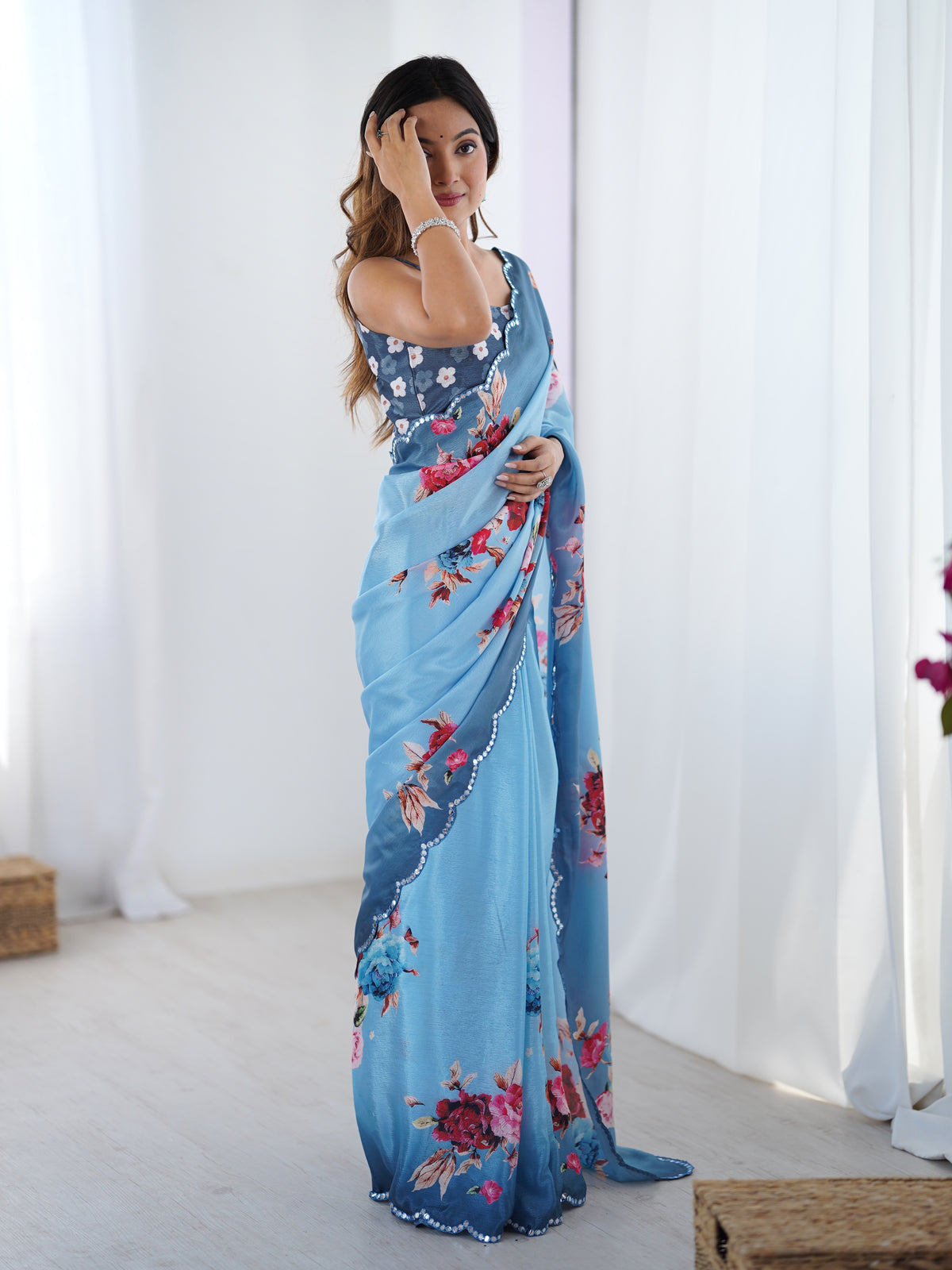 Premium Sky Blue Party Wear Chinon Saree for Women