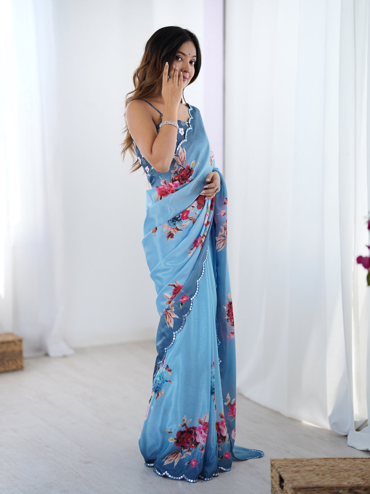 Premium Sky Blue Party Wear Chinon Saree for Women