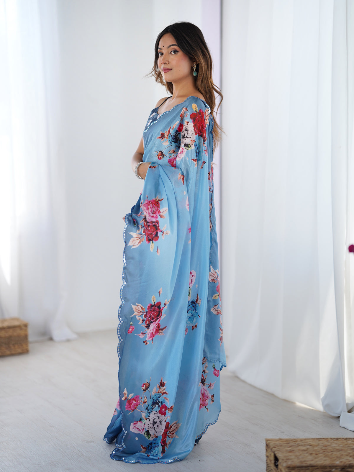 Premium Sky Blue Party Wear Chinon Saree for Women