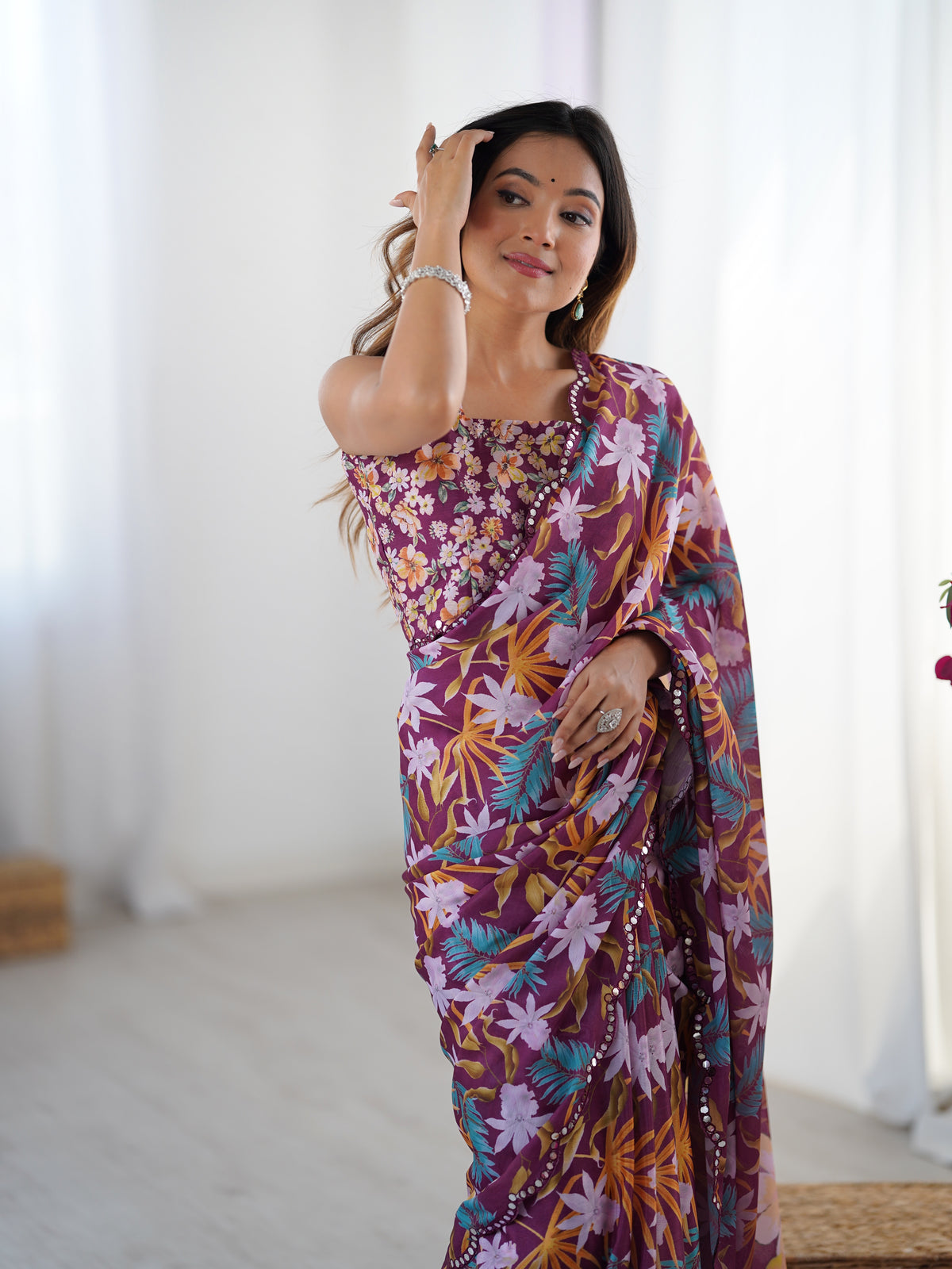 Premium Wine Printed Chinon Saree with Blouse for Women