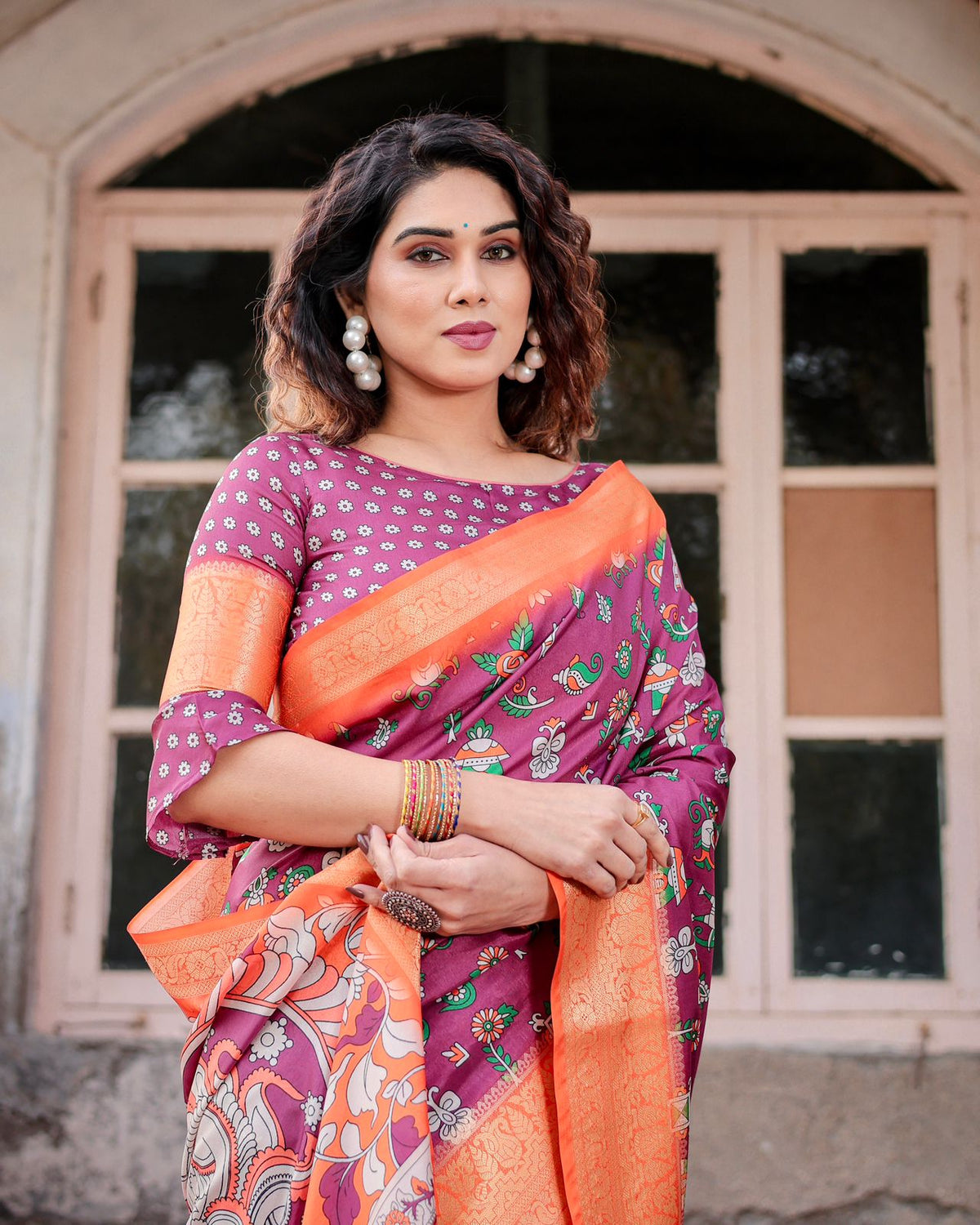 Purple Banarasi Silk Saree with Ethnic Print for Women
