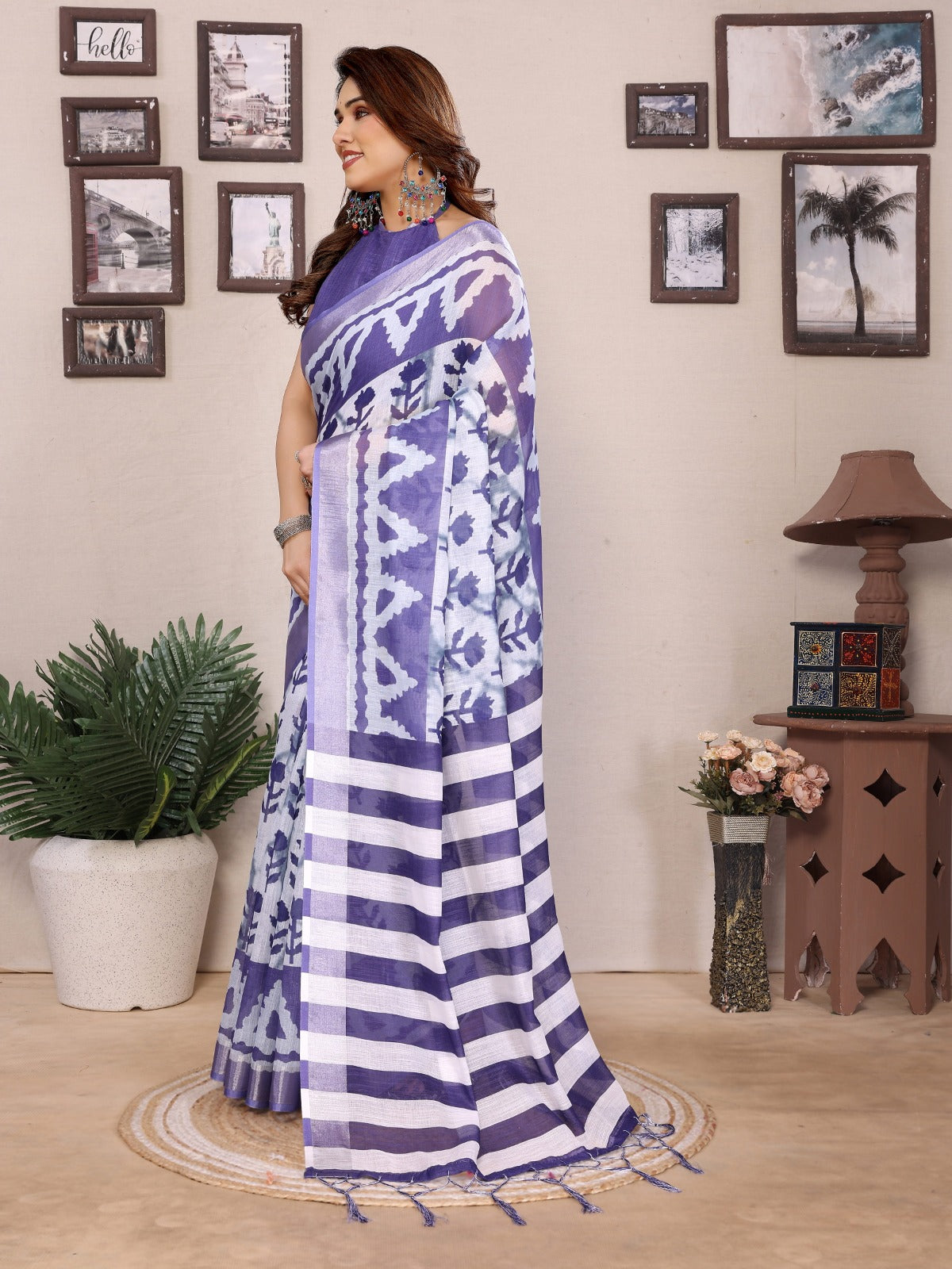 Purple Cotton Linen Printed Saree with Striped Pallu for Women