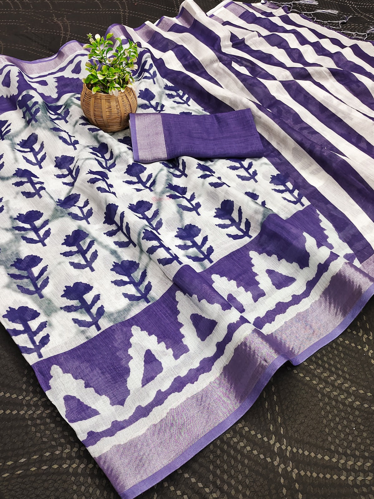 Purple Cotton Linen Printed Saree with Striped Pallu for Women