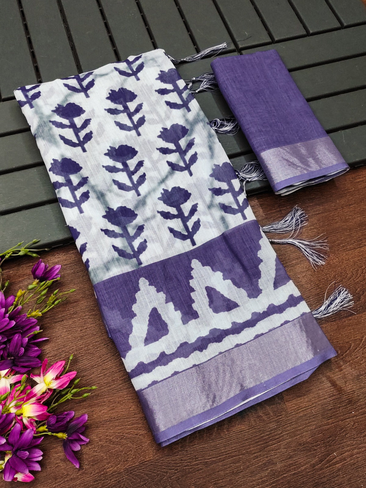 Purple Cotton Linen Printed Saree with Striped Pallu for Women