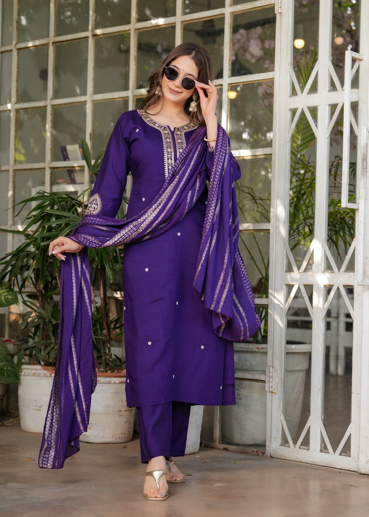 Purple Designer Chanderi Threadwork Kurta Pant Set for Women