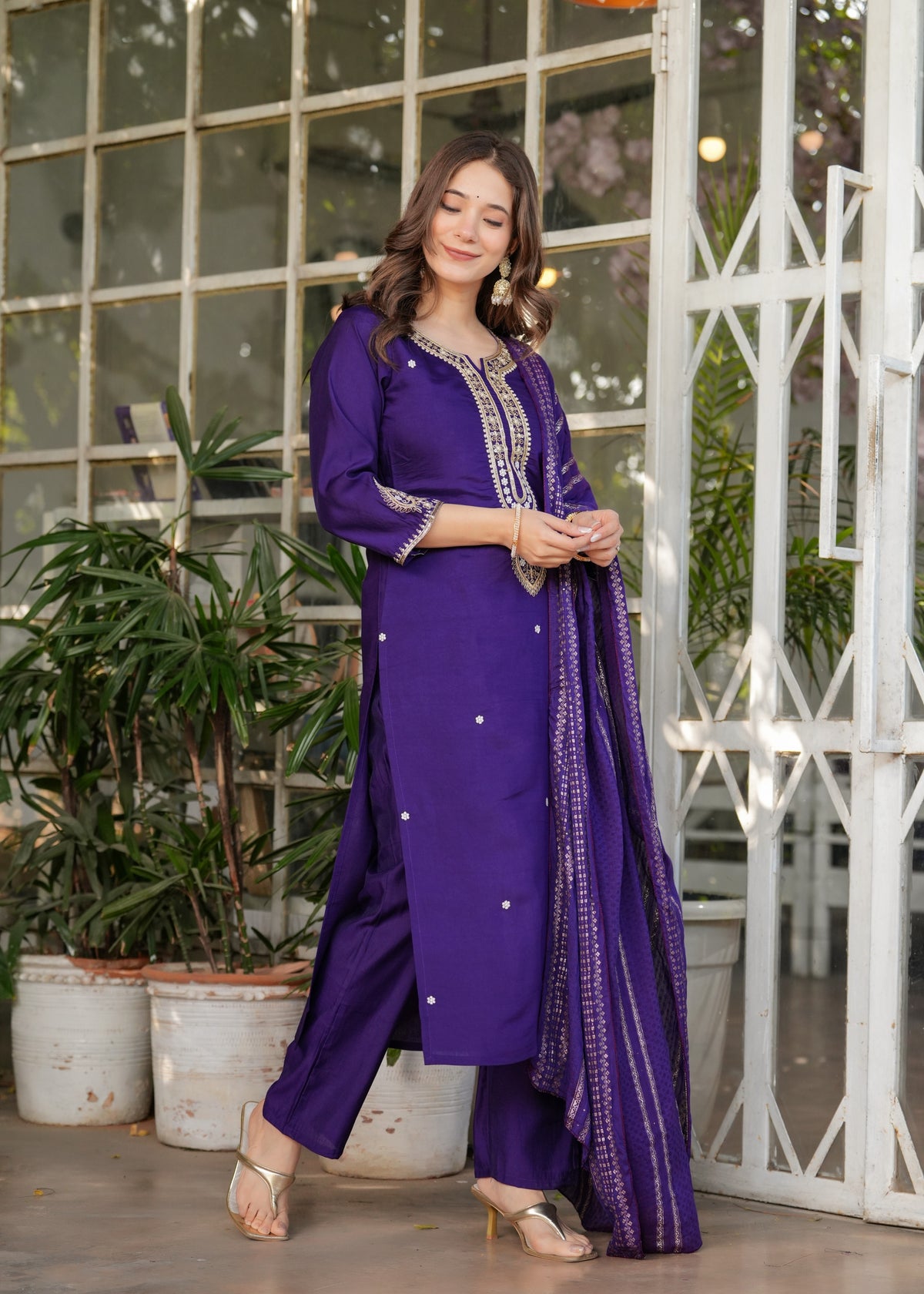 Purple Designer Chanderi Threadwork Kurta Pant Set for Women