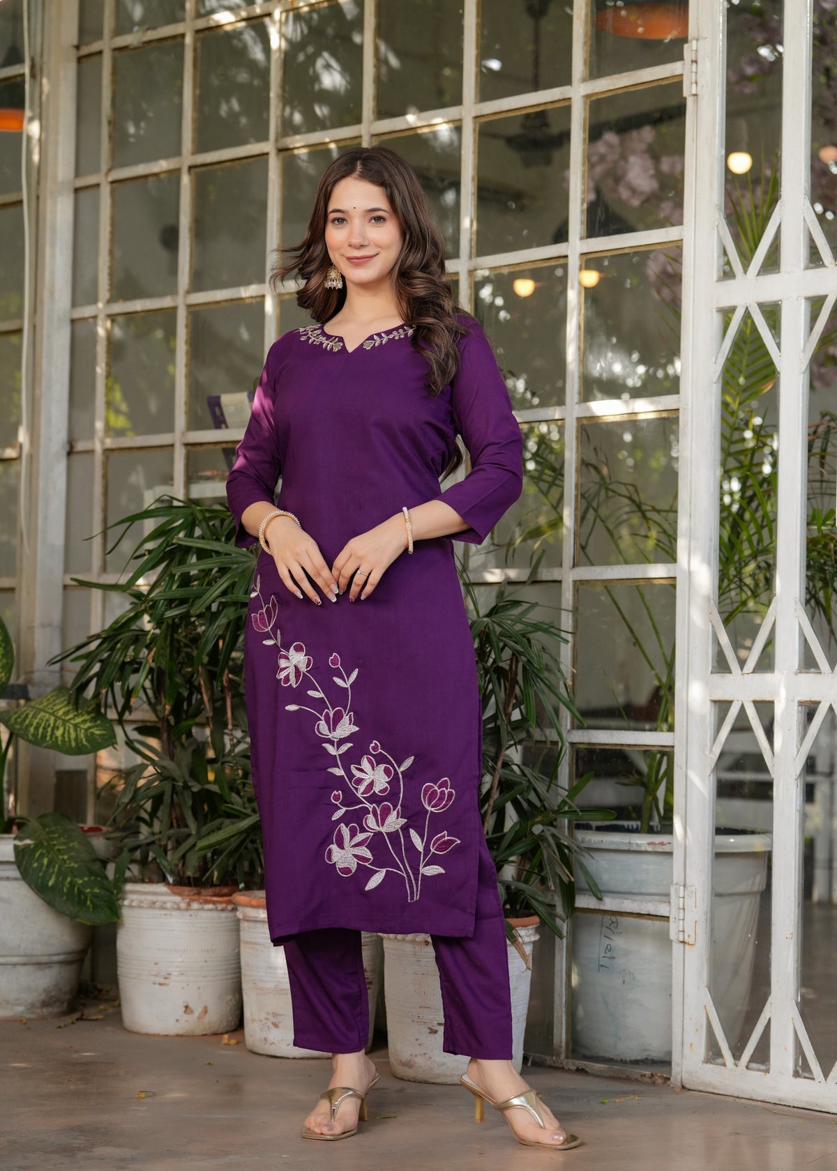 Purple Designer Rayon Threadwork Suit for Women