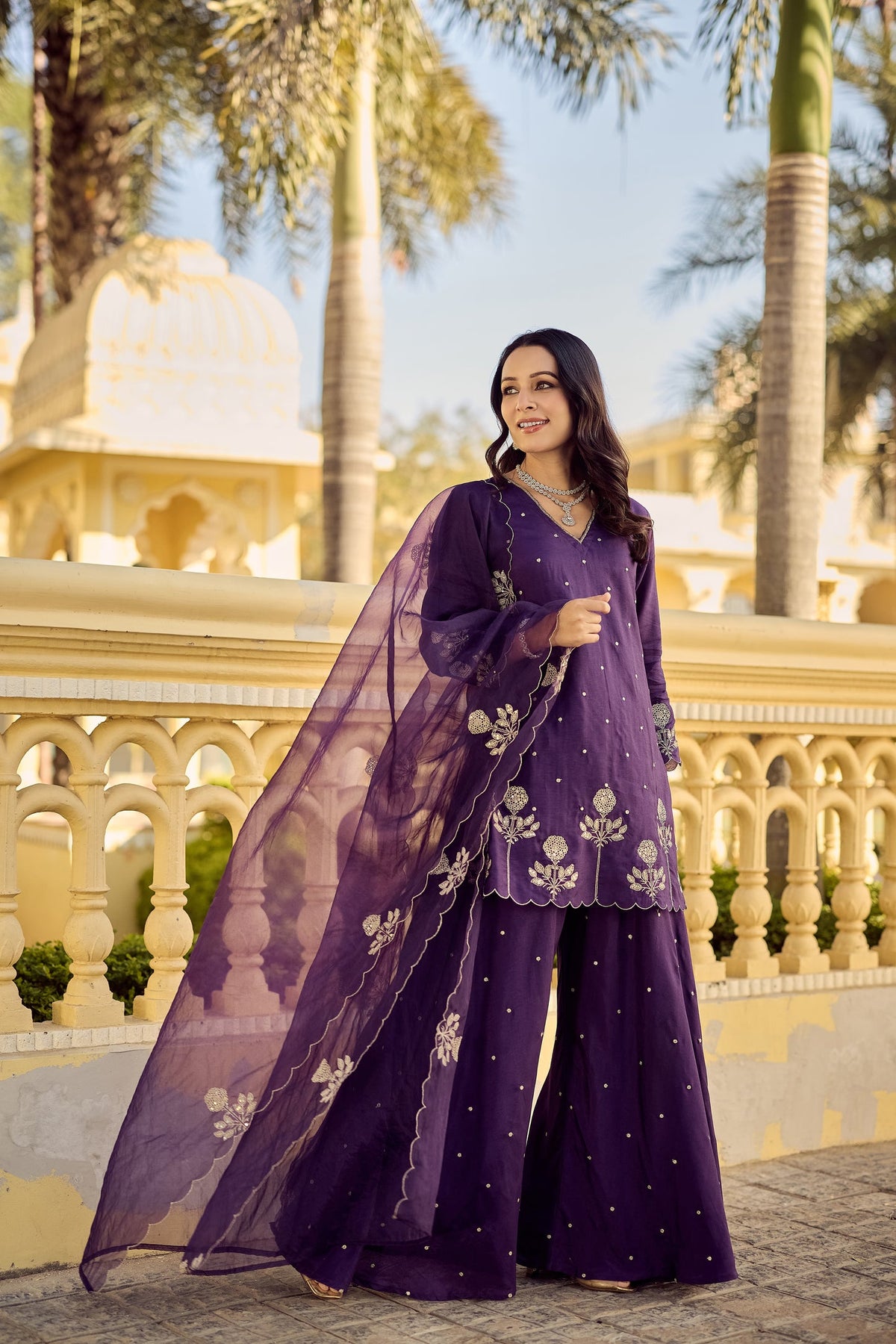 Purple Embroidered Chanderi Kurta Palazzo Dupatta Set for Women