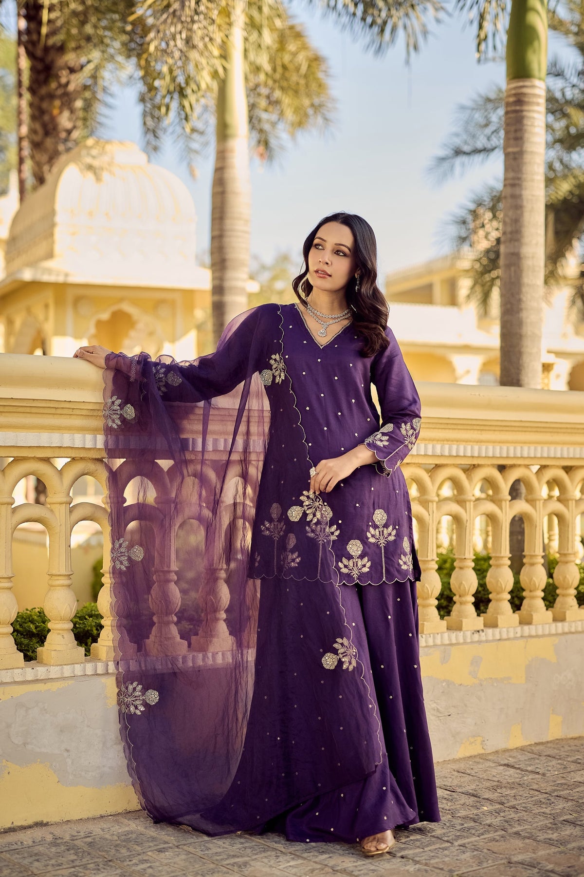 Purple Embroidered Chanderi Kurta Palazzo Dupatta Set for Women
