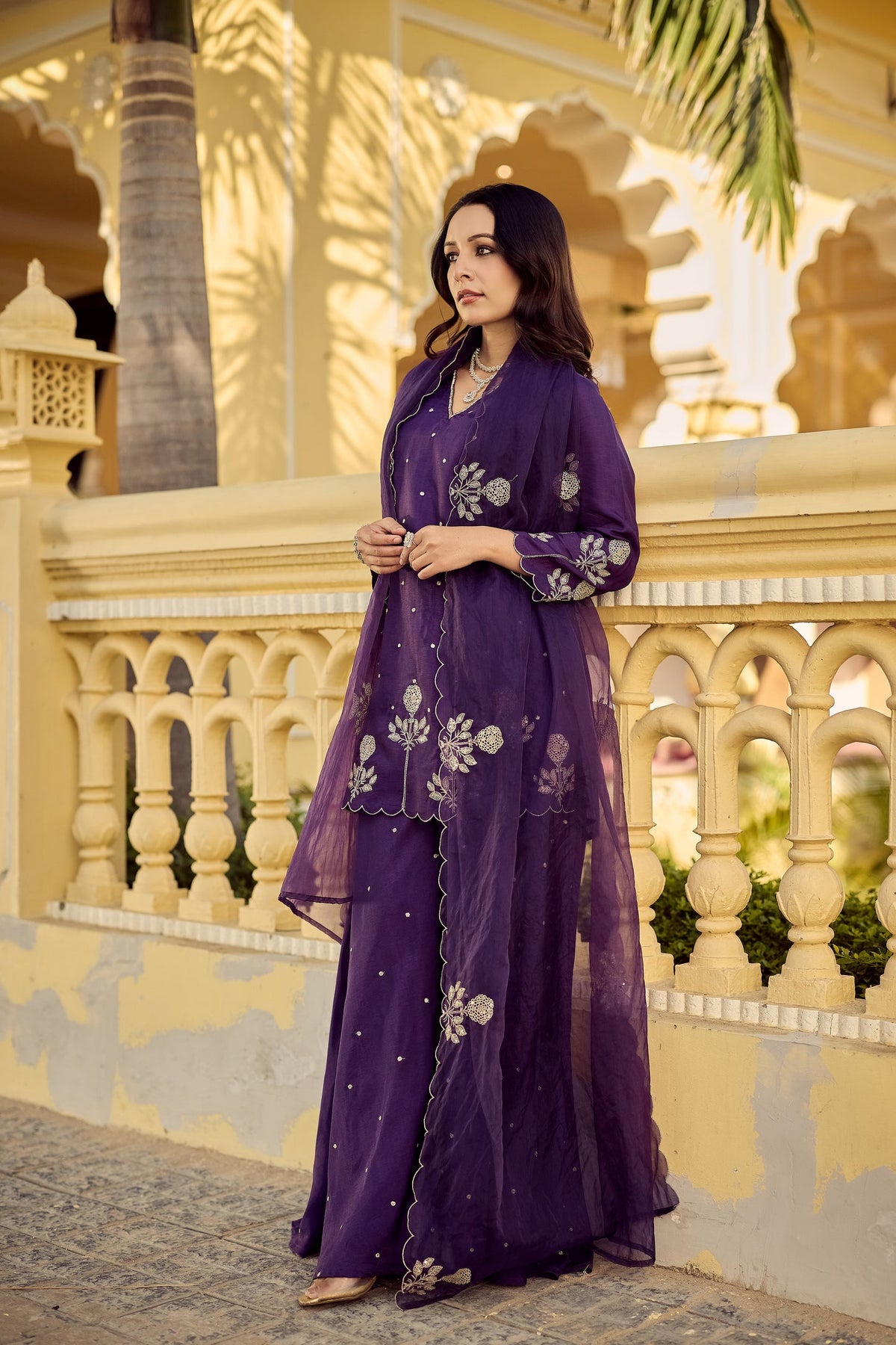 Purple Embroidered Chanderi Kurta Palazzo Dupatta Set for Women