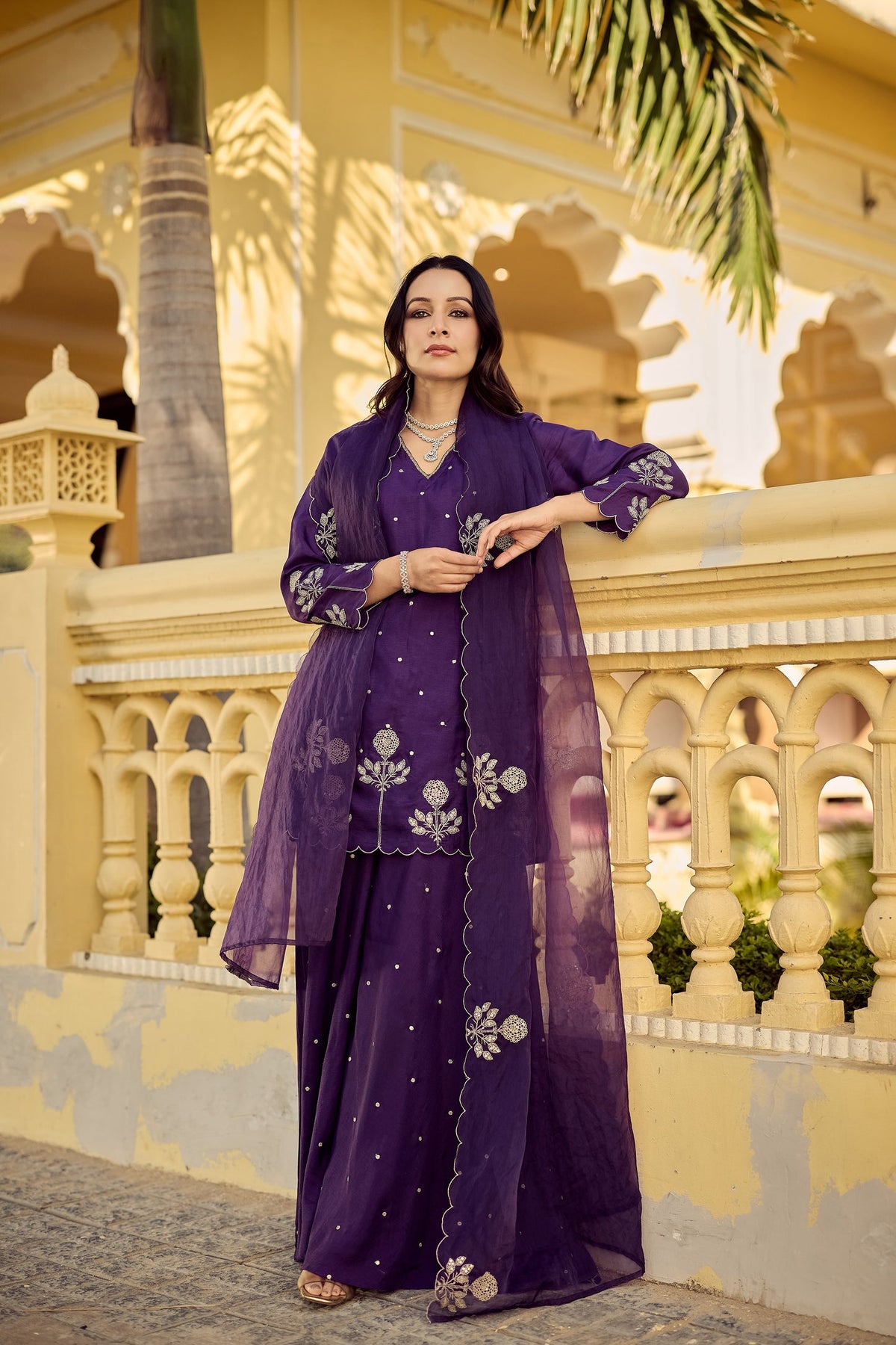 Purple Embroidered Chanderi Kurta Palazzo Dupatta Set for Women