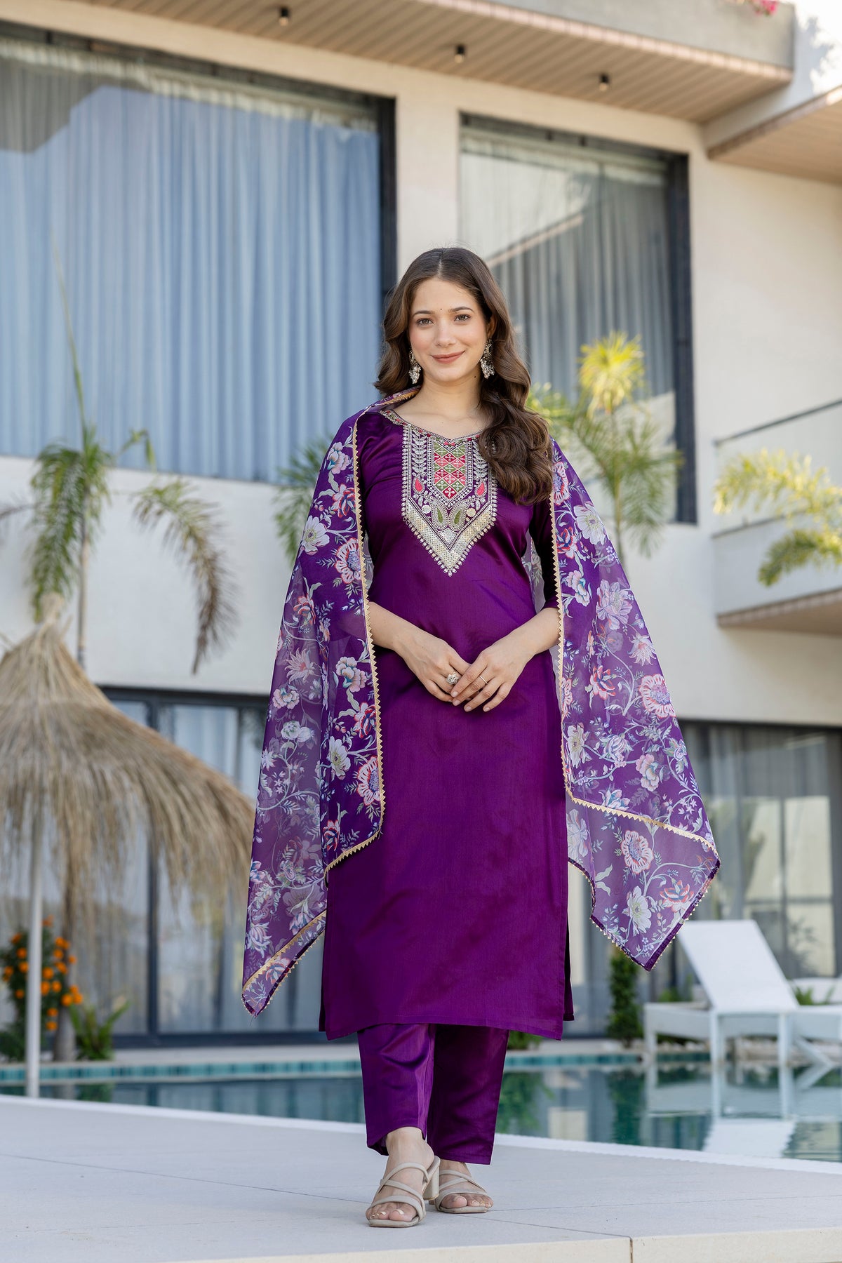 Purple Embroidered Kurti Pant with Dupatta for Women