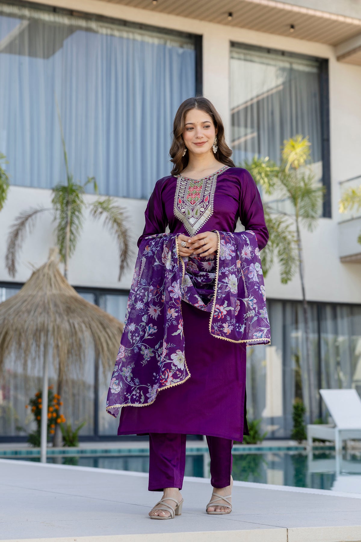 Purple Embroidered Kurti Pant with Dupatta for Women