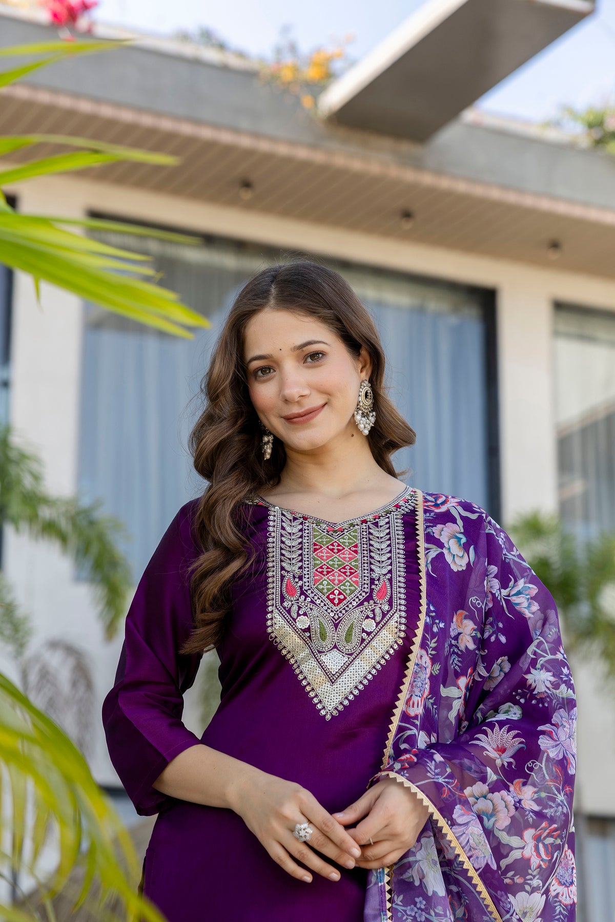 Purple Embroidered Kurti Pant with Dupatta for Women