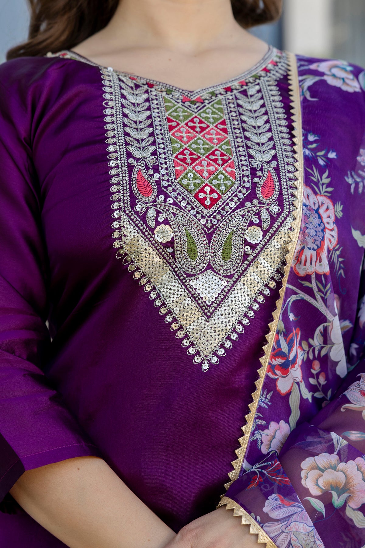 Purple Embroidered Kurti Pant with Dupatta for Women