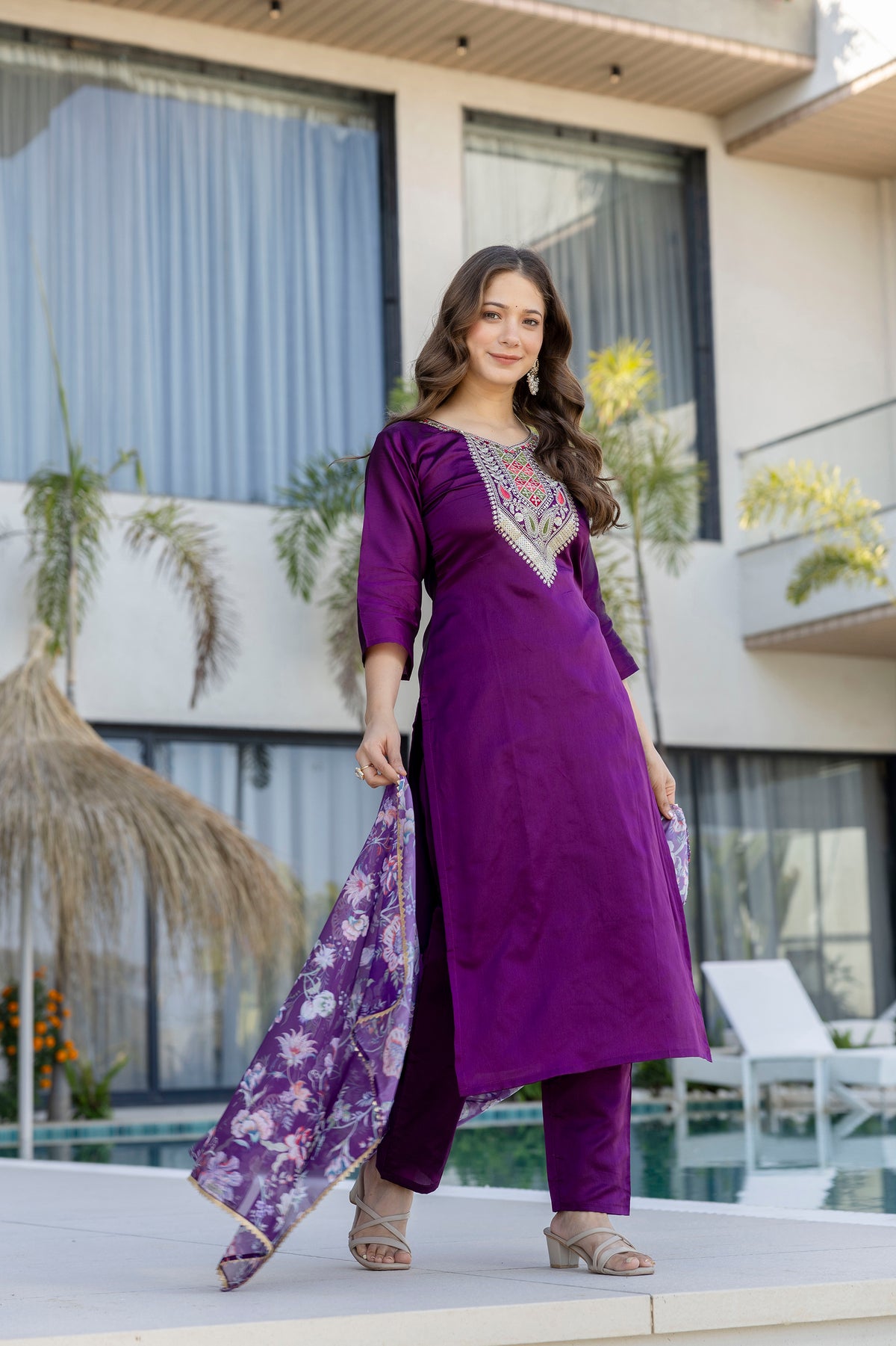 Purple Embroidered Kurti Pant with Dupatta for Women