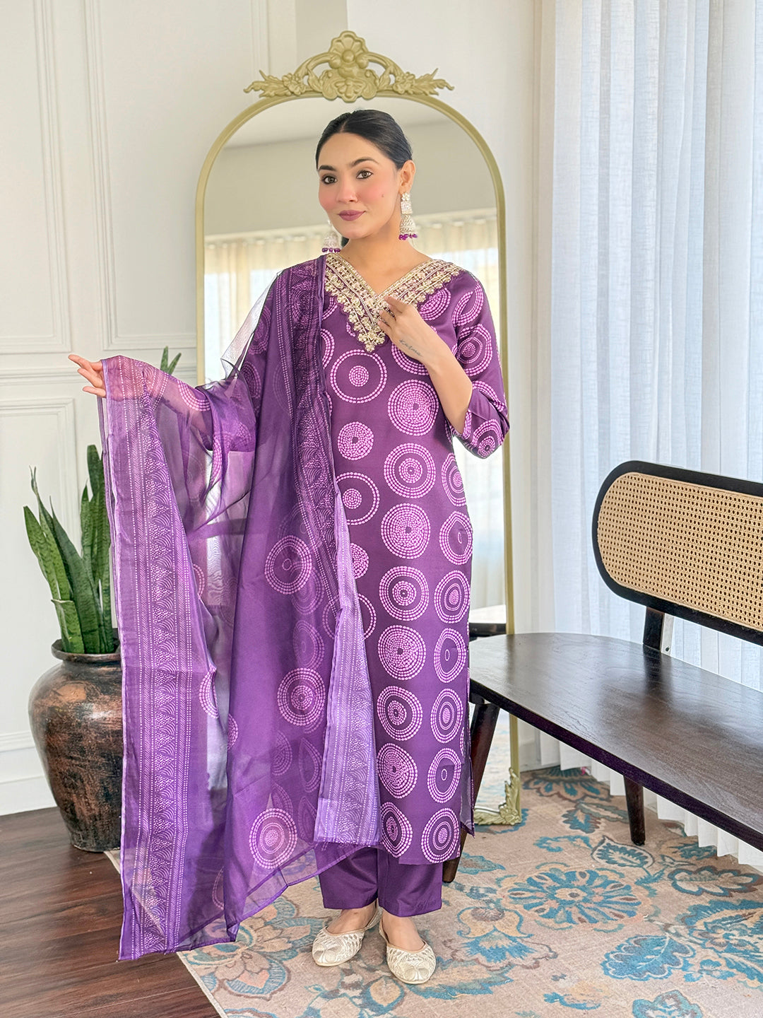 Purple Embroidered Rayon Kurti Pant Dupatta Set for Women