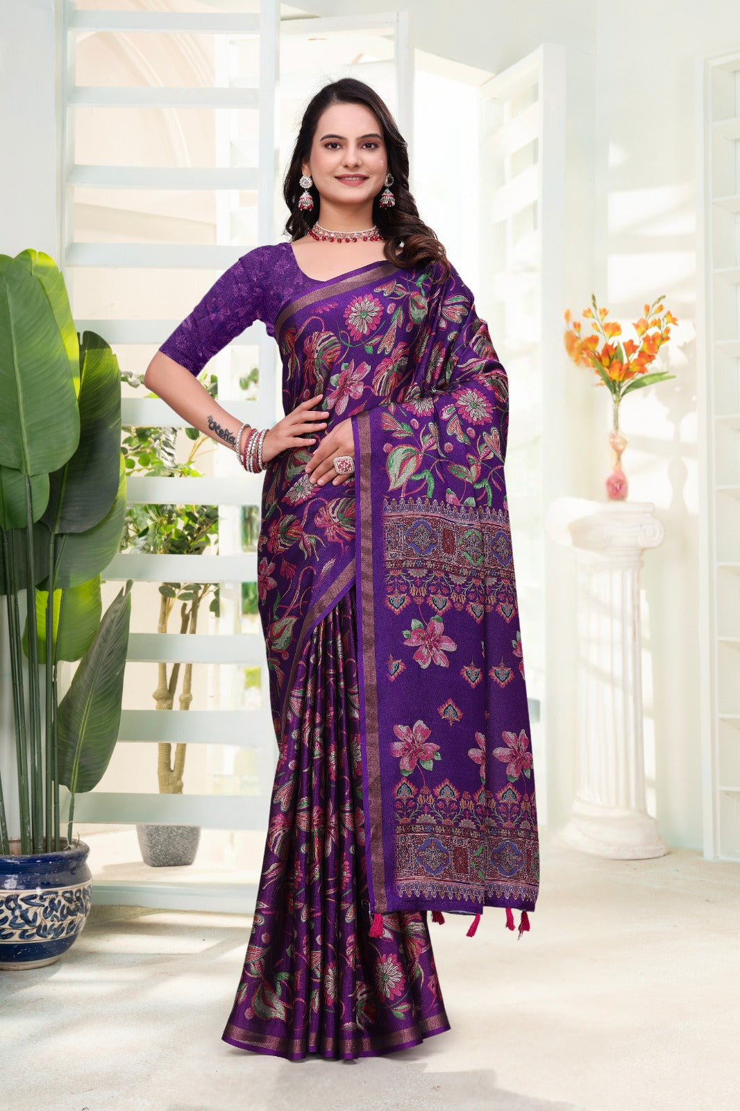 Purple Floral Cotton Saree India for Women
