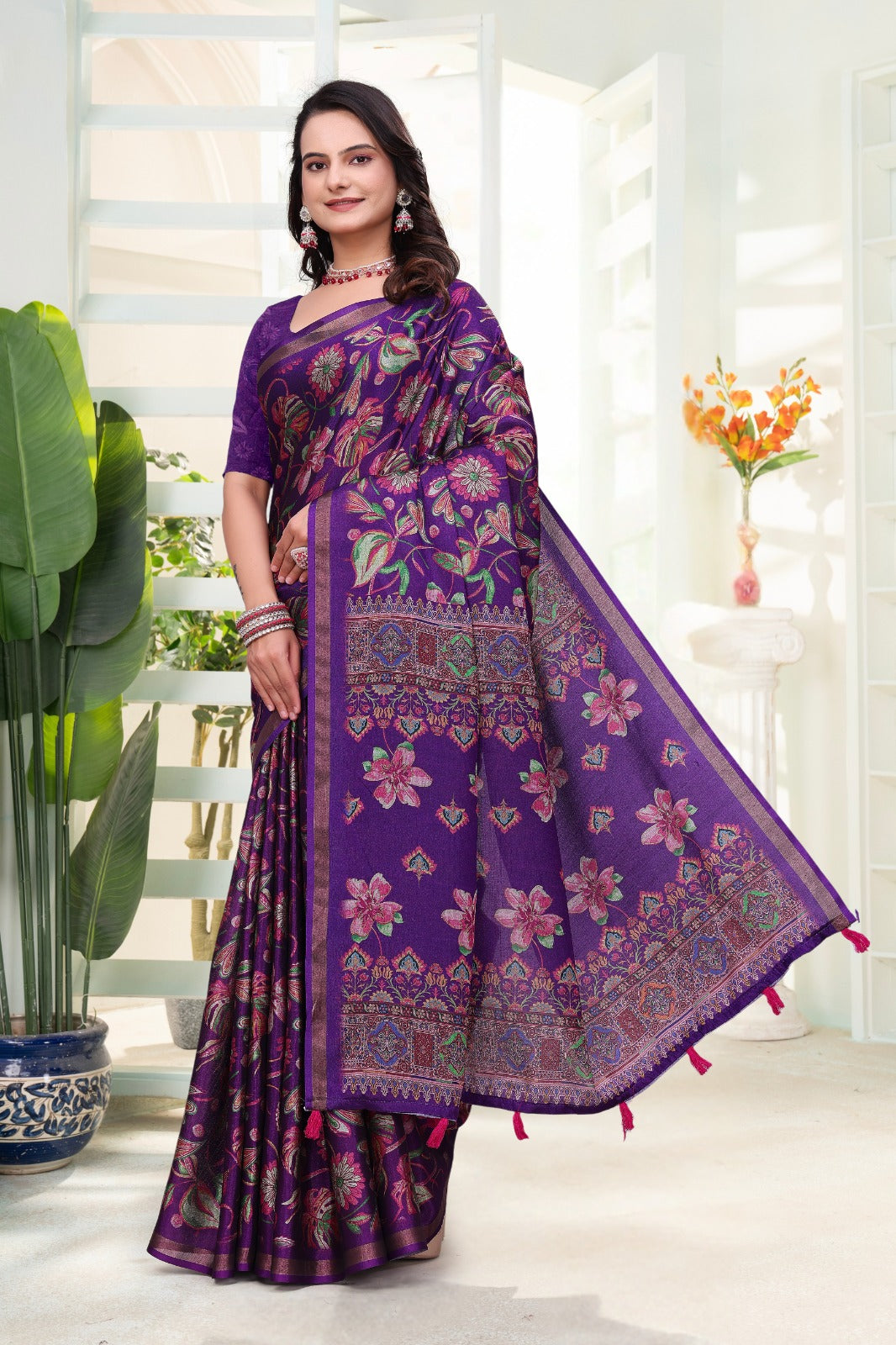 Purple Floral Cotton Saree India for Women