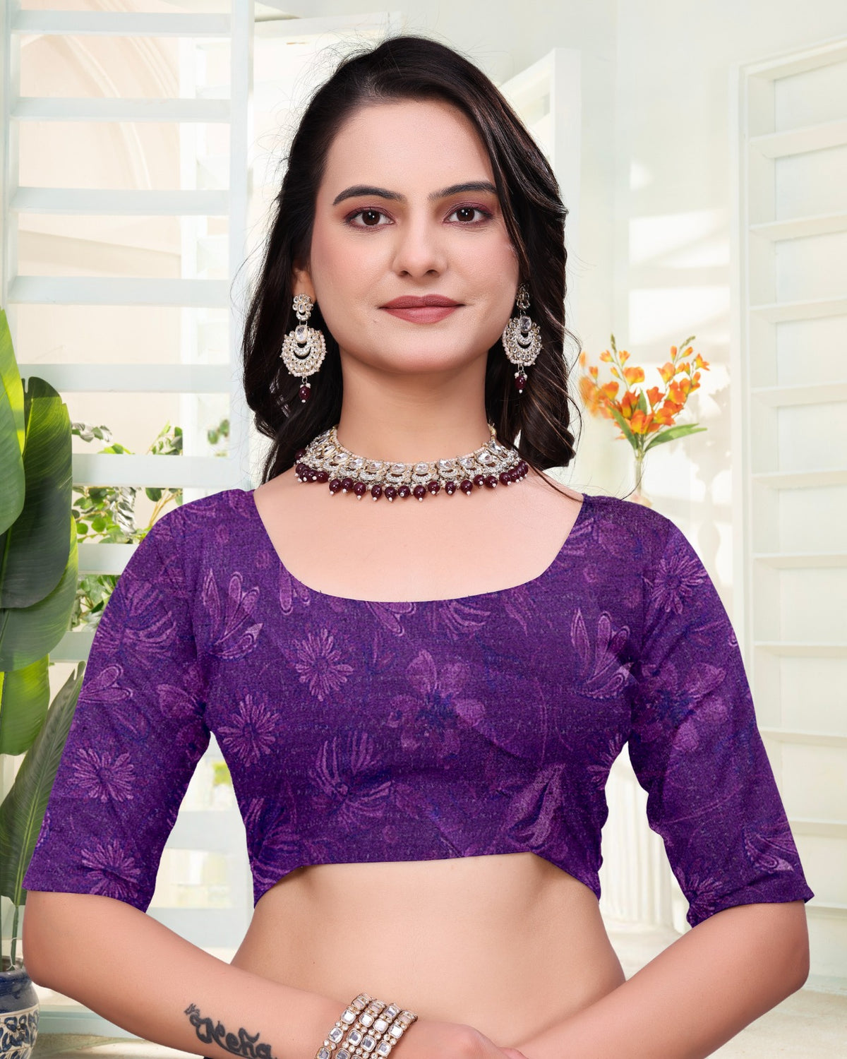 Purple Floral Cotton Saree India for Women