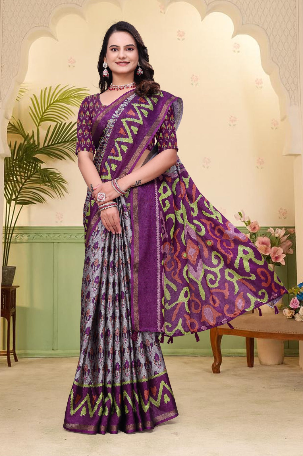 Purple Ikat Print Mal Cotton Saree with Designer Border for Women