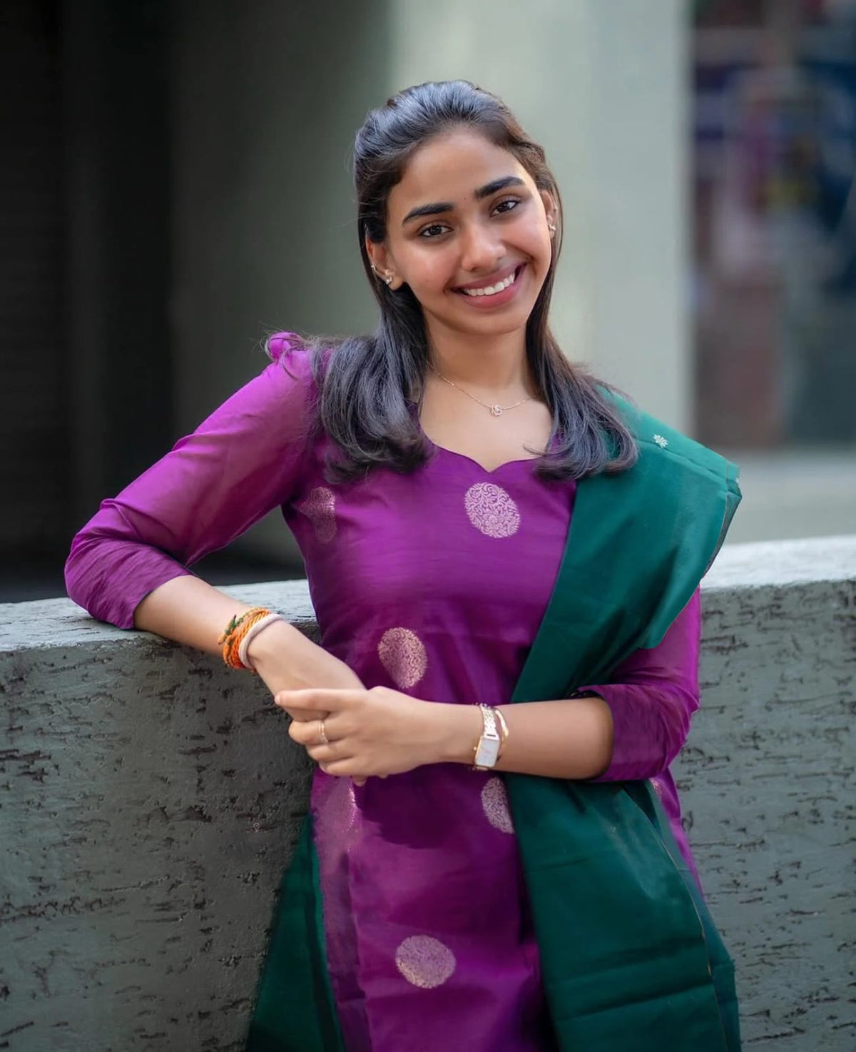 Purple Jacquard Weave Kurta Set with Green Dupatta for Women