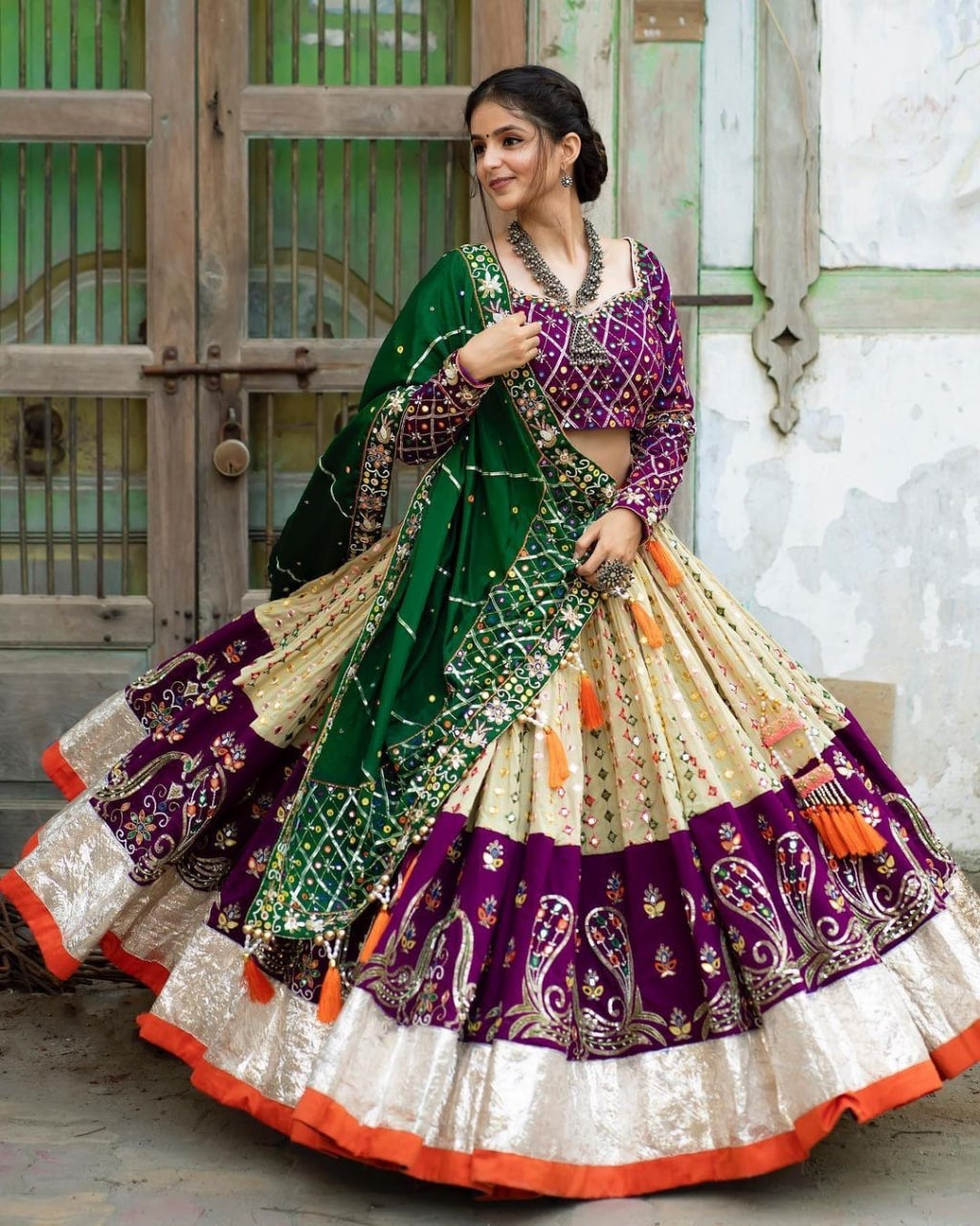 Royal Purple Mirror Work Muslin Lehenga Choli Set for Women