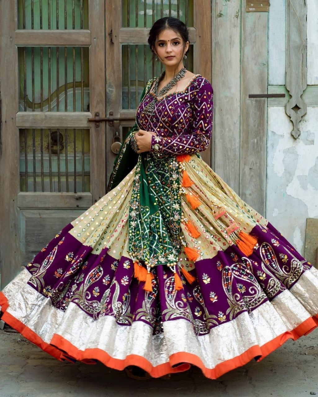 Royal Purple Mirror Work Muslin Lehenga Choli Set for Women