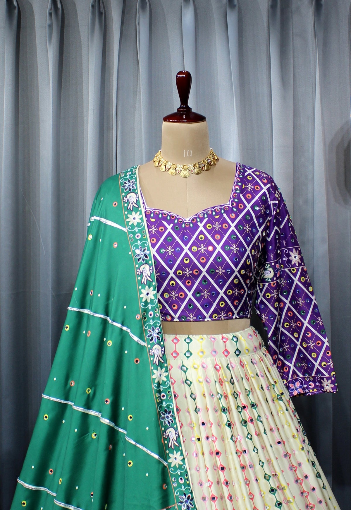 Royal Purple Mirror Work Muslin Lehenga Choli Set for Women