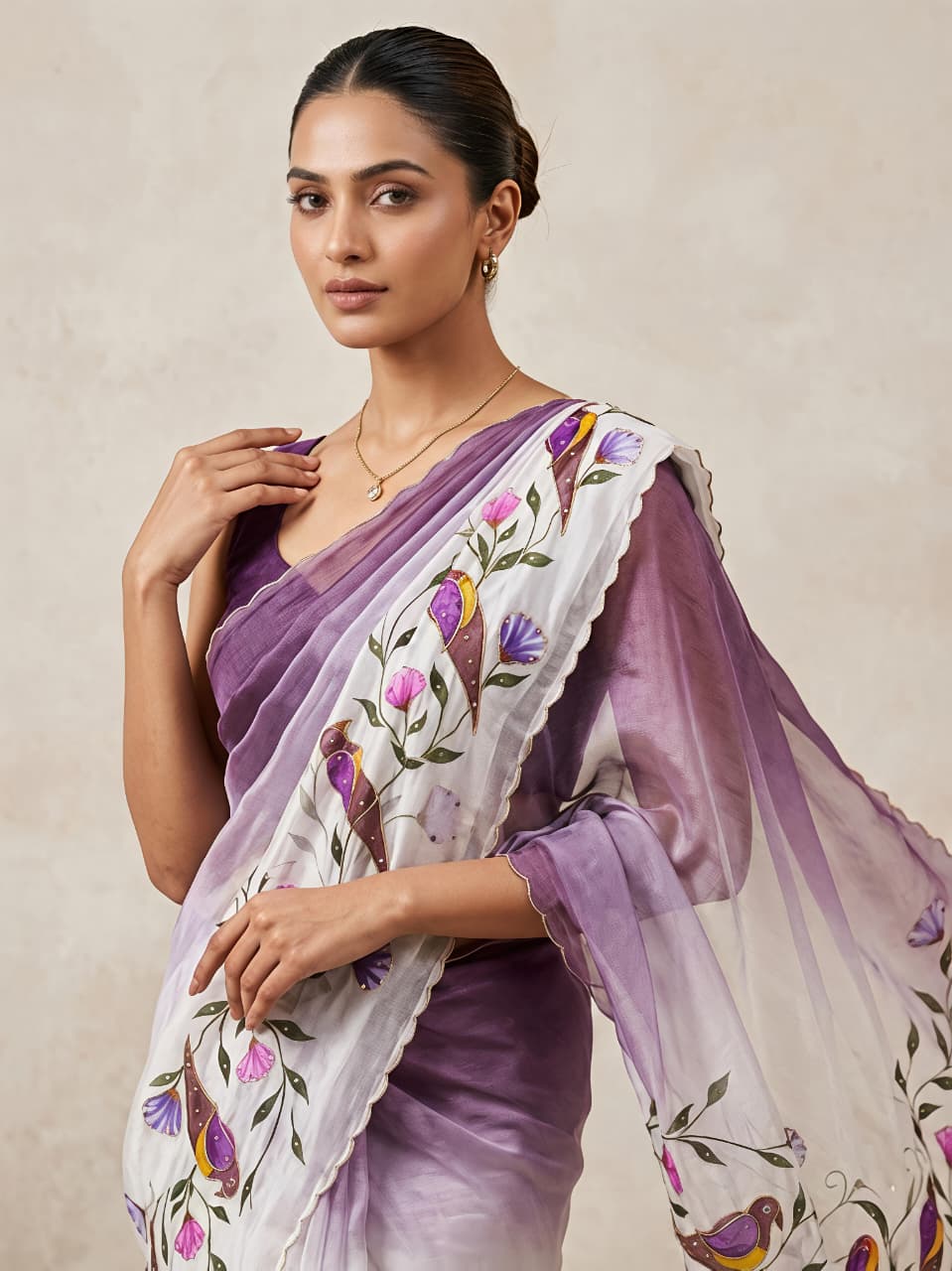 Purple Parrot Kalamkari Fandy Silk Saree with Handwork for Women