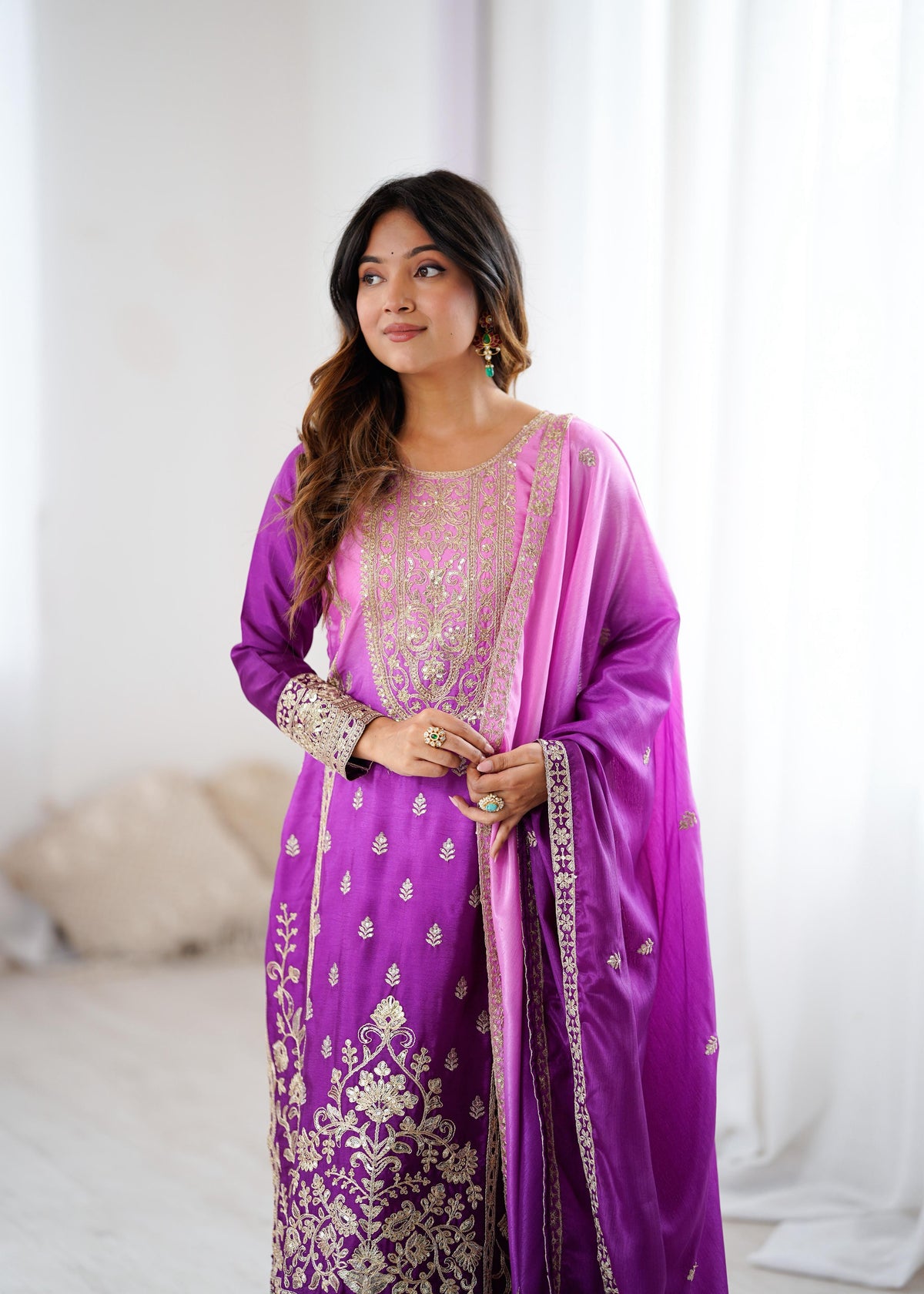 Purple Pink Chinon Silk Embroidered Suit Set for Women