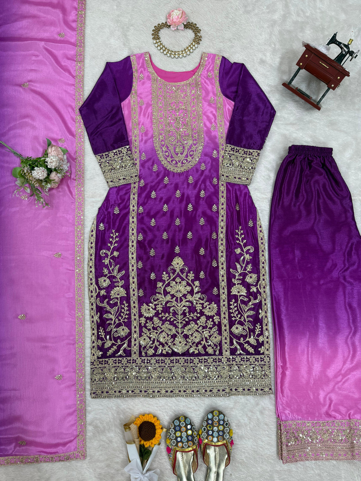 Purple Pink Chinon Silk Embroidered Suit Set for Women