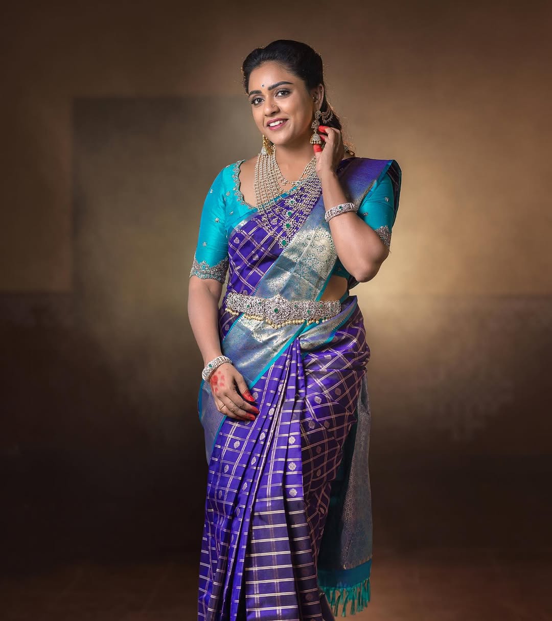 Elegant Purple Silk Saree with Zari Checks & Teal Contrast for Women