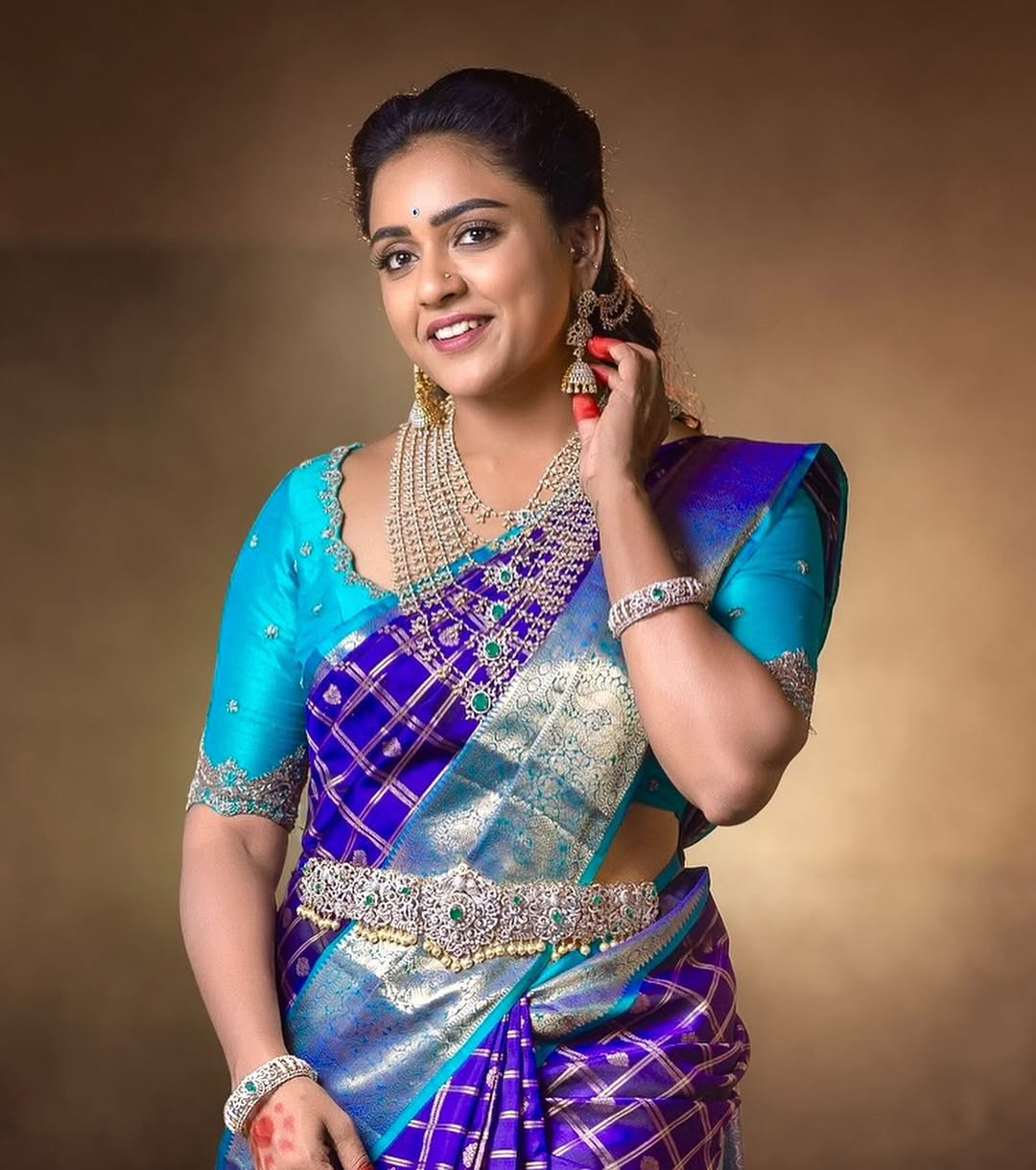 Elegant Purple Silk Saree with Zari Checks & Teal Contrast for Women